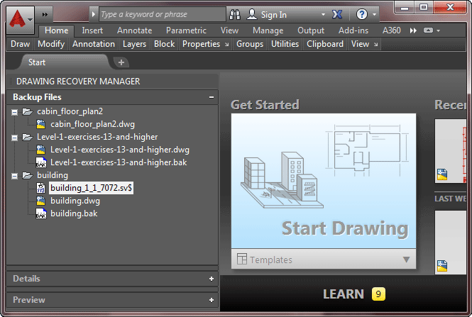 use a recovered file autocad